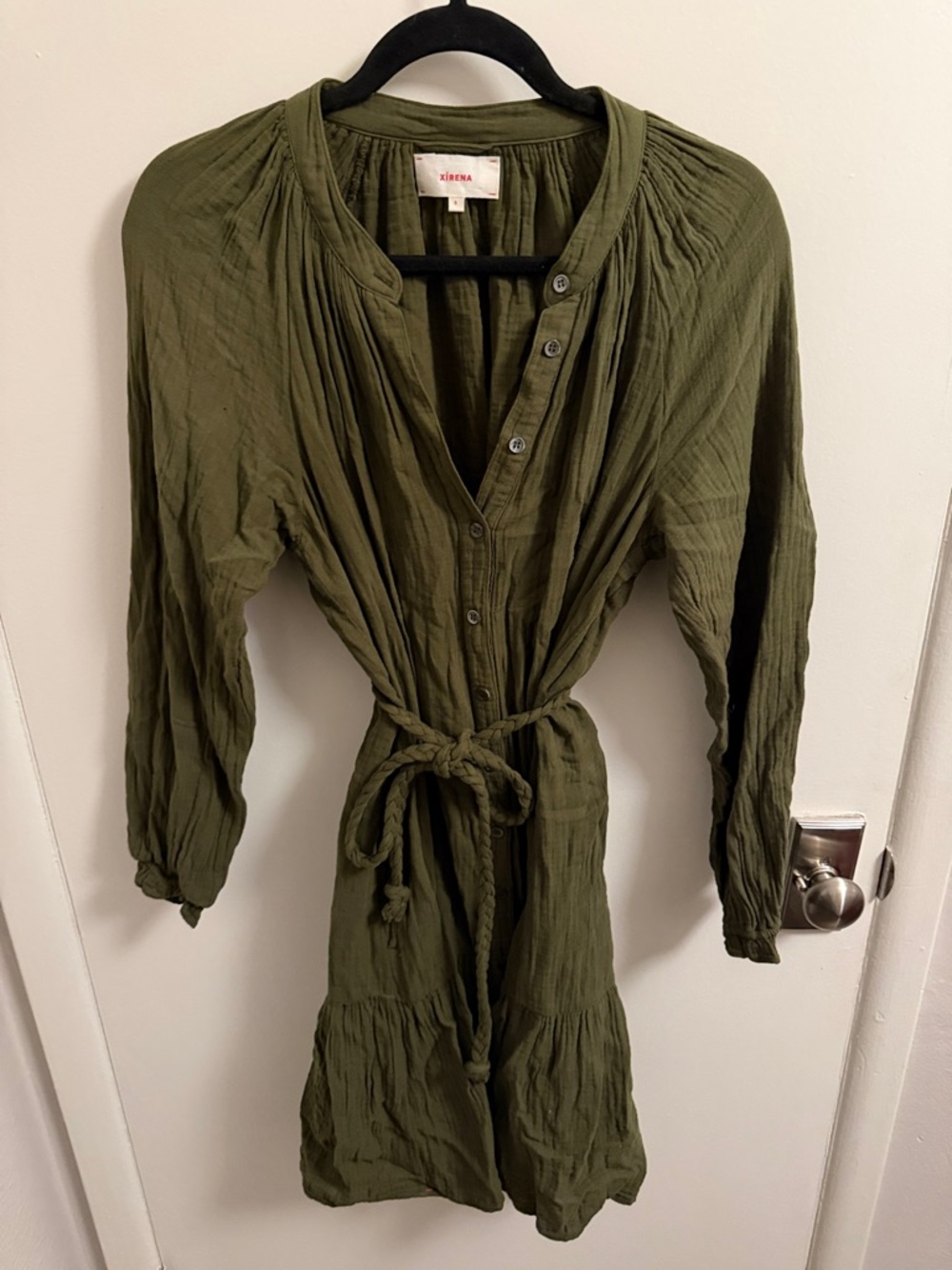 XiRENA Olive Green button down rope tie mini dress